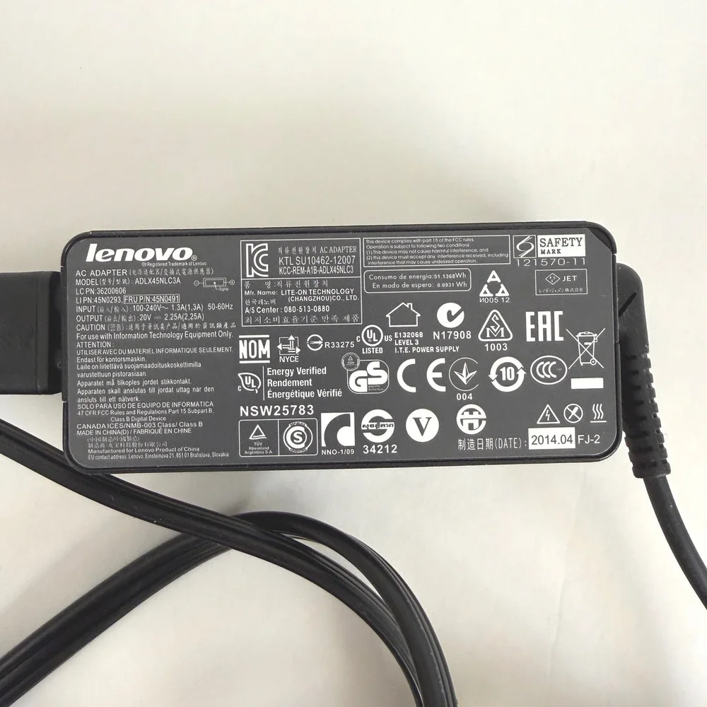 Lenovo Laptop Charger 20V 2.25A 45W AC Adapter Yellow‎ Tip Genuine OEM